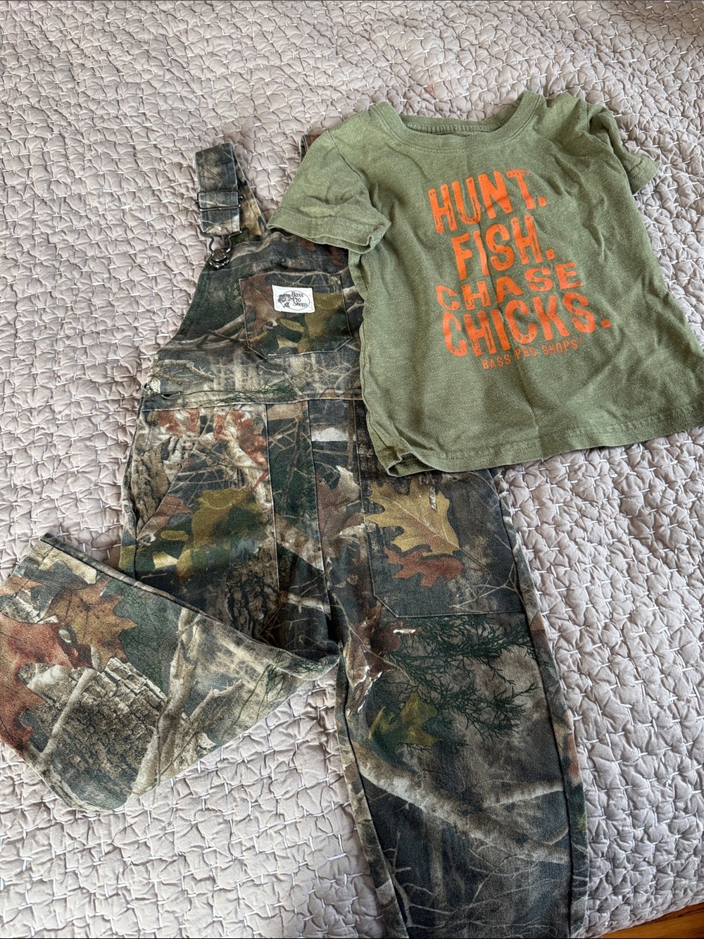 Bass Pro Shops Green Tee with Orange Lettering and Camo Overalls